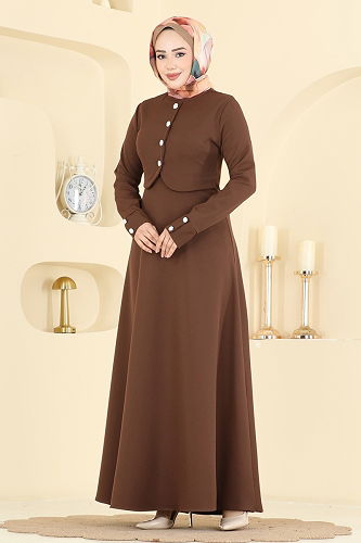 moda selvim Bolero Detaylı Elbise 2819SL432 Kahve - Thumbnail