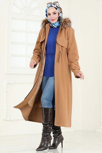 moda selvim Bolero Detaylı Kaşe Kaban 906MSA980 Taba - Thumbnail