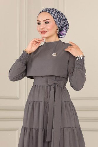 moda selvim Bolero Detaylı Terikoton Elbise ASM2610 Antrasit - Thumbnail