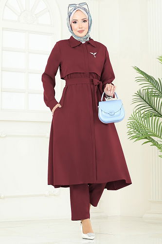 moda selvim Bolero Detaylı Tesettür Kombin 23023UKB139 Bordo - Thumbnail