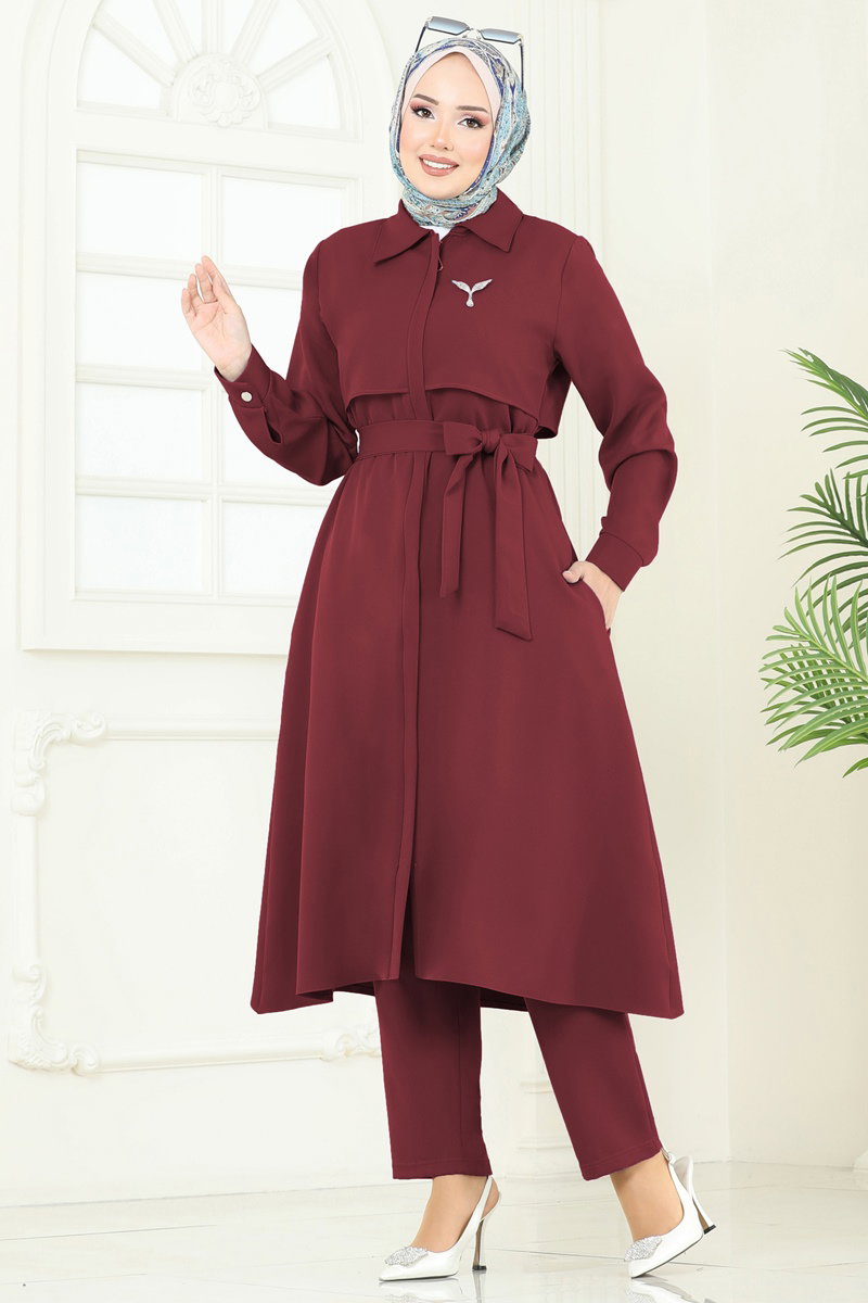 Bolero Detaylı Tesettür Kombin 23023UKB139 Bordo