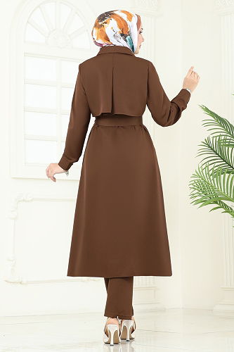 moda selvim Bolero Detaylı Tesettür Kombin 23023UKB139 Kahve - Thumbnail