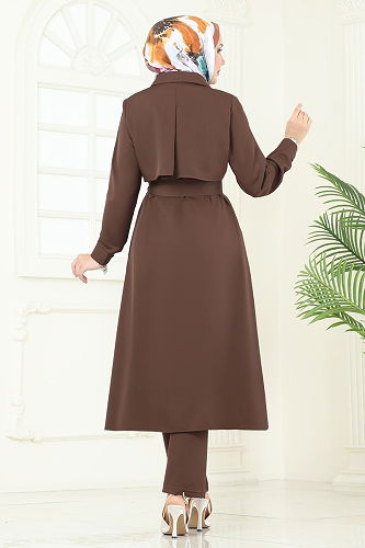 moda selvim Bolero Detaylı Tesettür Kombin 23023UKB139 Kahve - Thumbnail
