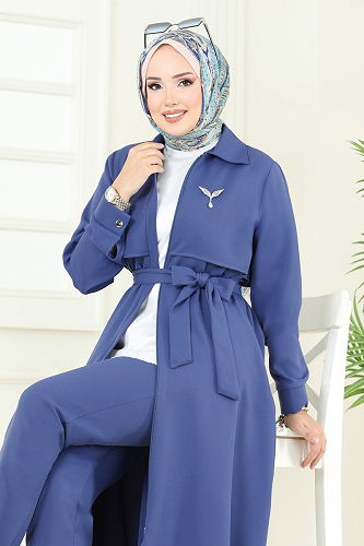 moda selvim Bolero Detaylı Tesettür Kombin 23023UKB139 Koyu İndigo - Thumbnail