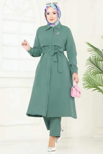 U.K.B. - Bolero Detaylı Tesettür Kombin 23023UKB139 Koyu Mint