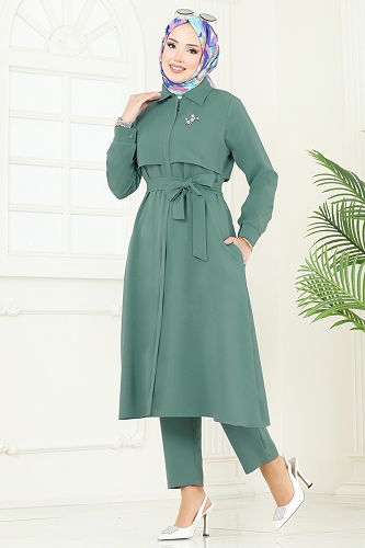 moda selvim Bolero Detaylı Tesettür Kombin 23023UKB139 Koyu Mint - Thumbnail