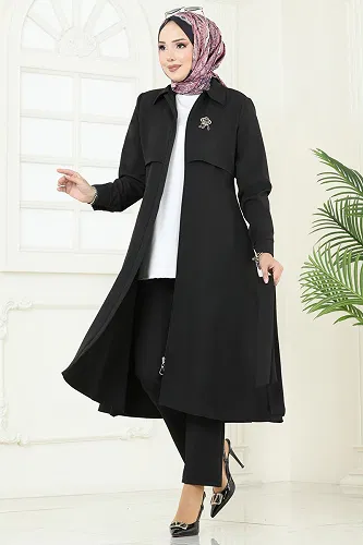 moda selvim Bolero Detaylı Tesettür Kombin 23023UKB139 Siyah - Thumbnail