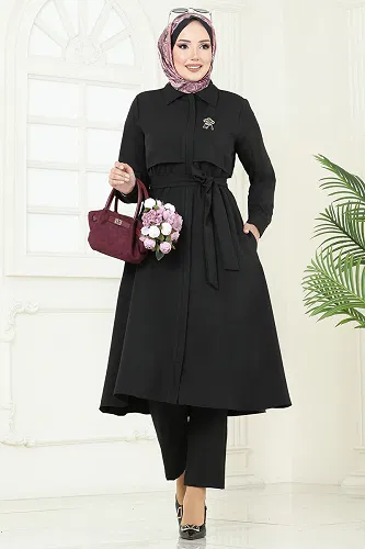 moda selvim Bolero Detaylı Tesettür Kombin 23023UKB139 Siyah - Thumbnail