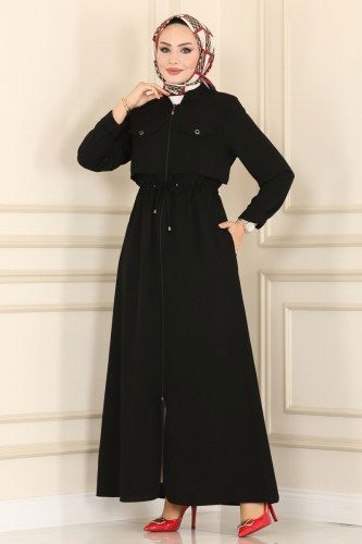 moda selvim Bolero Görünümlü Keten Ferace 4103PD194 Siyah - Thumbnail