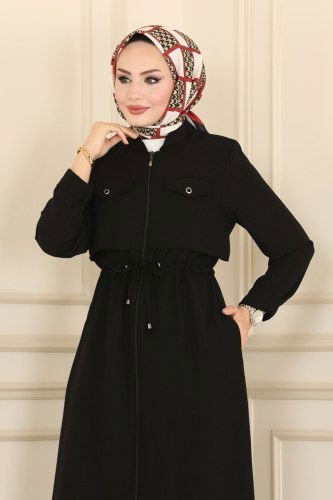 moda selvim Bolero Görünümlü Keten Ferace 4103PD194 Siyah - Thumbnail