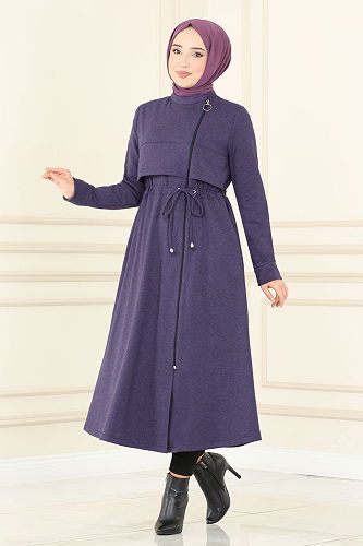 moda selvim Bolerolu Kışlık Kap MSL2470-M Koyu Lila - Thumbnail