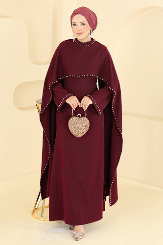 moda selvim Boncuk Detay Pelerin Abiye 4750ALGK1170 Bordo - Thumbnail