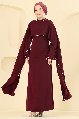 moda selvim Boncuk Detay Pelerin Abiye 4750ALGK1170 Bordo - Thumbnail