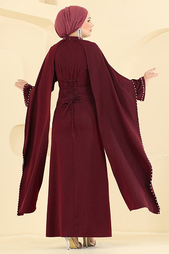 moda selvim Boncuk Detay Pelerin Abiye 4750ALGK1170 Bordo - Thumbnail