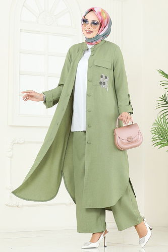 moda selvim Boncuk Detay Tesettür Takım 2686SL432 Çağla - Thumbnail