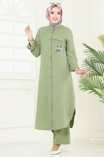 moda selvim Boncuk Detay Tesettür Takım 2686SL432 Çağla - Thumbnail