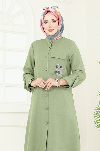 moda selvim Boncuk Detay Tesettür Takım 2686SL432 Çağla - Thumbnail