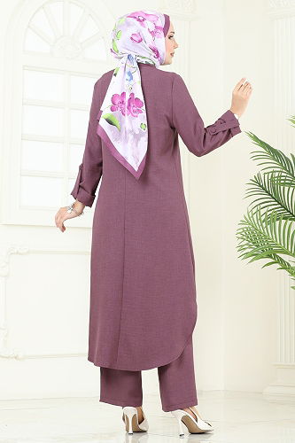 moda selvim Boncuk Detay Tesettür Takım 2686SL432 Mürdüm - Thumbnail