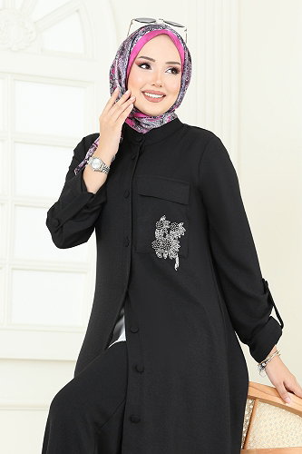 moda selvim Boncuk Detay Tesettür Takım 2686SL432 Siyah - Thumbnail