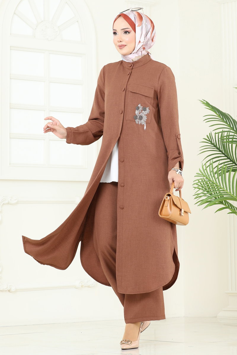 Boncuk Detay Tesettür Takım 2686SL432 Taba