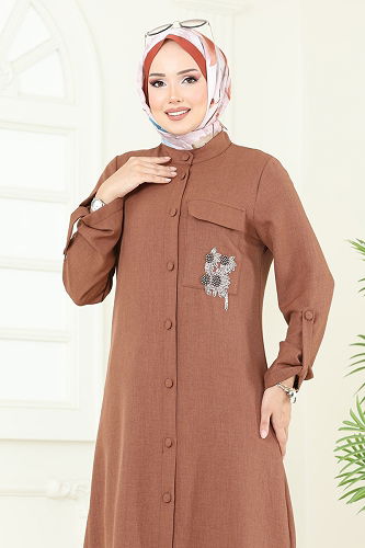 moda selvim Boncuk Detay Tesettür Takım 2686SL432 Taba - Thumbnail