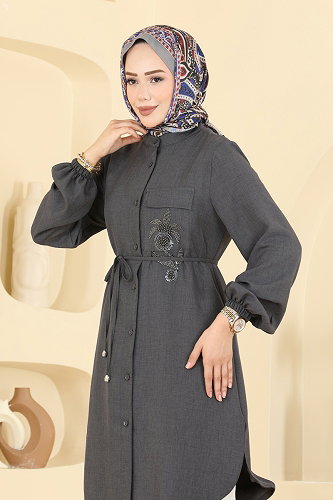 moda selvim Boncuk Detaylı Düğmeli Tunik 2938SLK540 Antrasit - Thumbnail