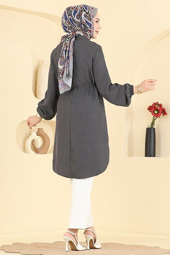 moda selvim Boncuk Detaylı Düğmeli Tunik 2938SLK540 Antrasit - Thumbnail