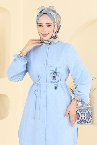 moda selvim Boncuk Detaylı Düğmeli Tunik 2938SLK540 Bebe Mavisi - Thumbnail