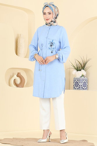 moda selvim Boncuk Detaylı Düğmeli Tunik 2938SLK540 Bebe Mavisi - Thumbnail