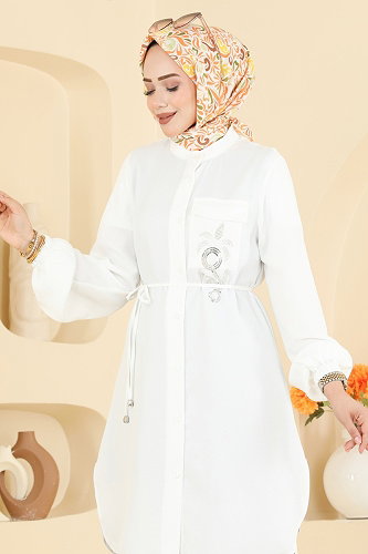 moda selvim Boncuk Detaylı Düğmeli Tunik 2938SLK540 Ekru - Thumbnail