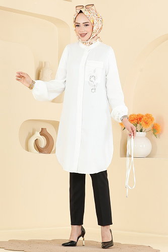 moda selvim Boncuk Detaylı Düğmeli Tunik 2938SLK540 Ekru - Thumbnail