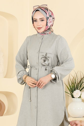 moda selvim Boncuk Detaylı Düğmeli Tunik 2938SLK540 Gri - Thumbnail