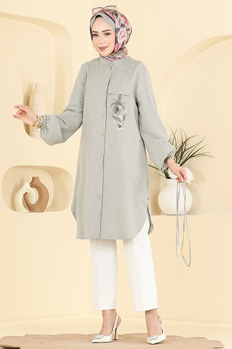 moda selvim Boncuk Detaylı Düğmeli Tunik 2938SLK540 Gri - Thumbnail