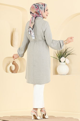 moda selvim Boncuk Detaylı Düğmeli Tunik 2938SLK540 Gri - Thumbnail