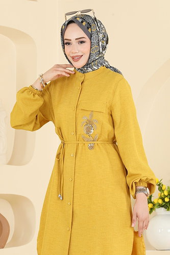 moda selvim Boncuk Detaylı Düğmeli Tunik 2938SLK540 Hardal - Thumbnail