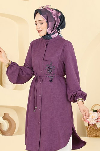 moda selvim Boncuk Detaylı Düğmeli Tunik 2938SLK540 Koyu Lila - Thumbnail