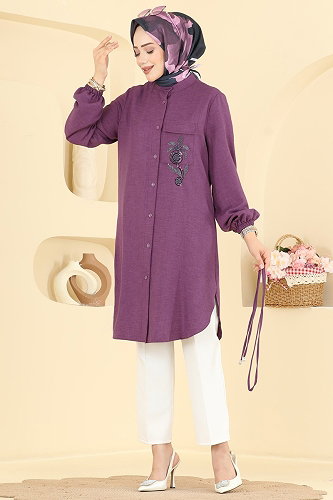 moda selvim Boncuk Detaylı Düğmeli Tunik 2938SLK540 Koyu Lila - Thumbnail