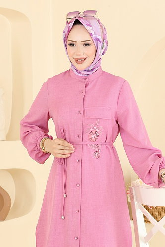 moda selvim Boncuk Detaylı Düğmeli Tunik 2938SLK540 Pembe - Thumbnail