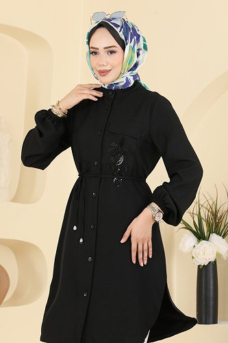 moda selvim Boncuk Detaylı Düğmeli Tunik 2938SLK540 Siyah - Thumbnail