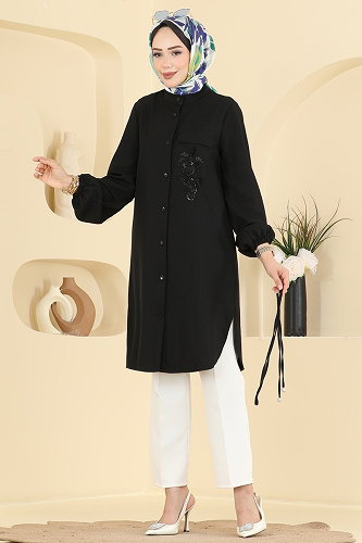 moda selvim Boncuk Detaylı Düğmeli Tunik 2938SLK540 Siyah - Thumbnail
