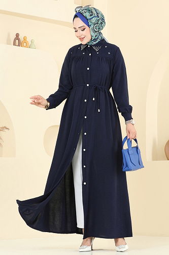 moda selvim Boncuk Detaylı Elbise Ferace 3141HBS856 Laci - Thumbnail