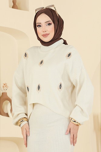 moda selvim Boncuk Detaylı Elbiseli Takım 1001MT581 Taş - Thumbnail