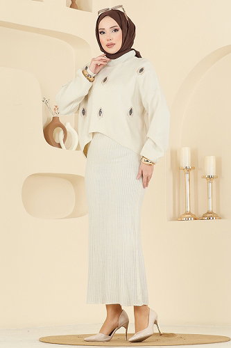 moda selvim Boncuk Detaylı Elbiseli Takım 1001MT581 Taş - Thumbnail