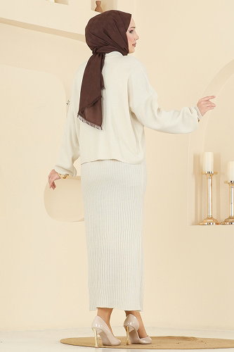 moda selvim Boncuk Detaylı Elbiseli Takım 1001MT581 Taş - Thumbnail