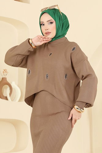 moda selvim Boncuk Detaylı Elbiseli Takım 1001MT581 Vizyon - Thumbnail