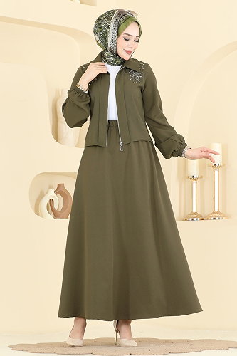 moda selvim Boncuk Detaylı Etekli Takım 2820SLK540 Haki - Thumbnail