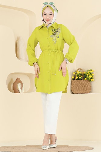 moda selvim Boncuk Detaylı Kemerli Tunik 2875SLK540 Asit - Thumbnail