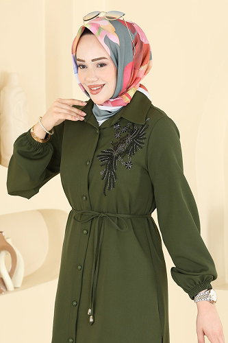 moda selvim Boncuk Detaylı Kemerli Tunik 2875SLK540 Haki - Thumbnail