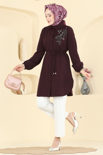 S.L.K. - Boncuk Detaylı Kemerli Tunik 2875SLK540 Koyu Mürdüm