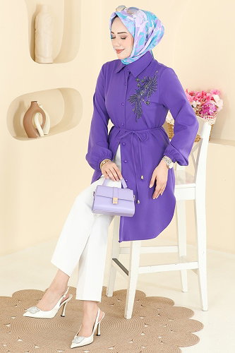 moda selvim Boncuk Detaylı Kemerli Tunik 2875SLK540 Lila - Thumbnail